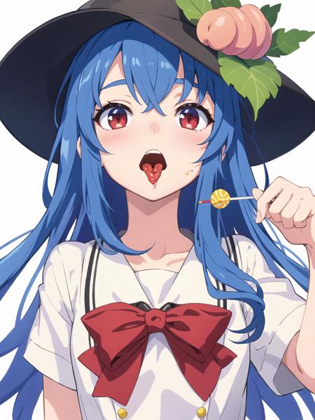 02742-2928543064-(masterpiece_1.2, best quality),🌈,___,_1girl,food,solo,hinanawi tenshi,hat,lollipop,blue hair,long hair,candy,red eyes,fruit,pea.png
